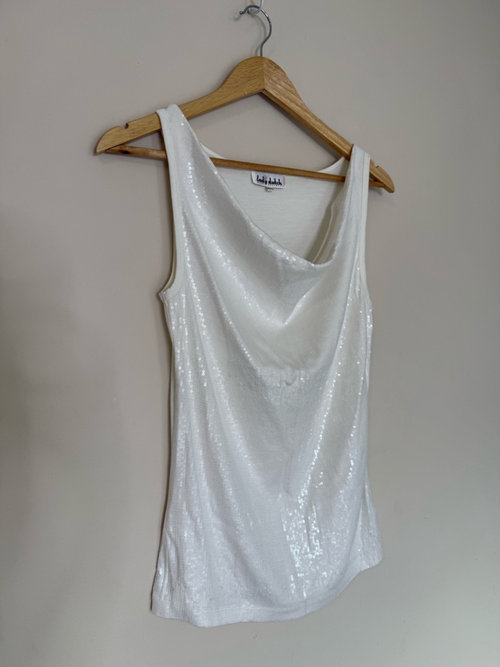 Lady Dutch White Sequin Cowl Neck Tank Top M - Picture 2 of 7